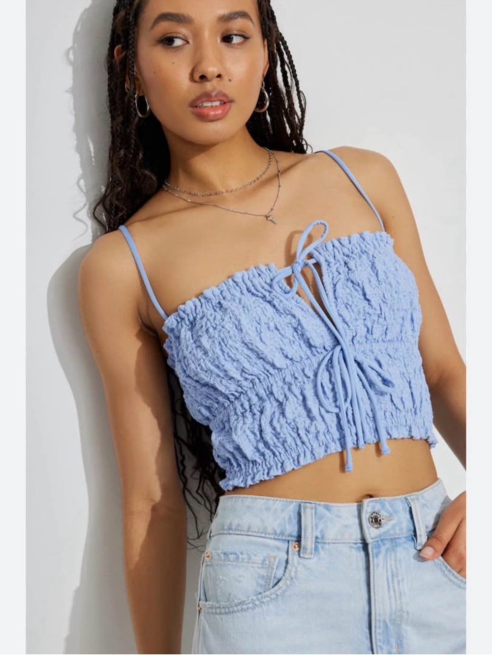 Garage Light Blue Smocked Crop Top with Tie Straps